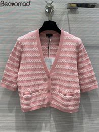 Damesbreien Baeromad Fashion Runway Spring Summer Striped Breien Cardigan Deep V-Neck losse halve mouwknop pocket sweaters