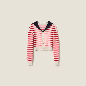 Damesgebreide Basic Luxe Dames Kasjmier Gestreept Gebreid Vest In Rood Bruin Zoete Sailor Kraag Lange Mouwen Crop Top Preppy Stijl SS24