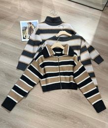 Damesbreien BC Cashmere Cardigan Turn-down kraagstrepen Zipper Korte slanke fit gebreide truien Retro bijgesneden top