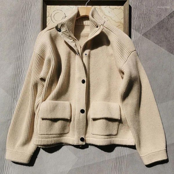 Cardigan tricoté en cachemire avec fermeture éclair pour femme, manteau simple et épais, col montant, paillettes, grande poche, veste d'hiver, haut chaud