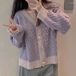 Tricots pour femmes Biyaby violet col en v pull cardigan femme style coréen paresseux lâche manches longues manteaux femmes 2023 mode couleur bloc tricot