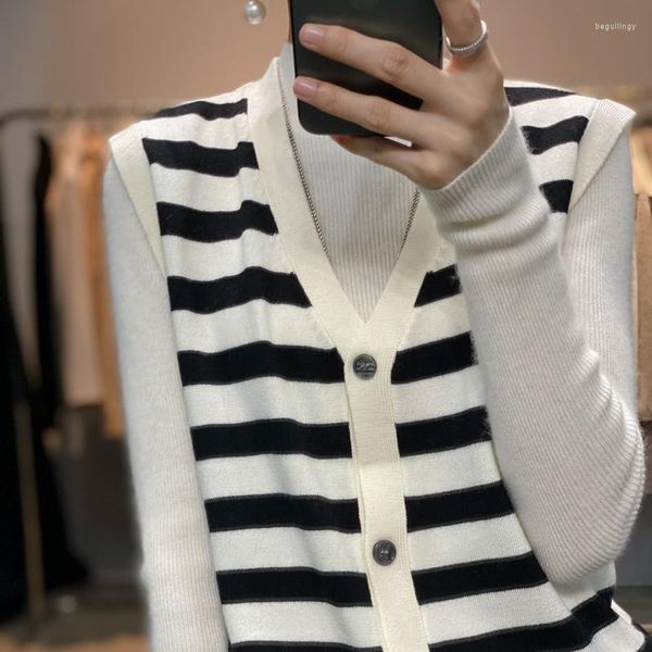 Tricots pour femmes noir et blanc rayé col en V gilet pull tricoté Cardigan lâche mince sans manches