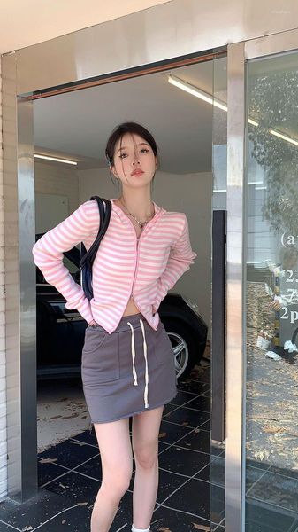 Tricots pour femmes BM Pure Pink Striped Hooded Long Sleeve Knit Cardigan Jacket Women's Autumn Niche Cropped Double Zip Top