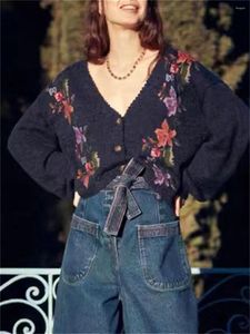 Cardigan en tricot pour femmes, Jacquard Floral, garniture ondulée, col en v, simple boutonnage, ample, Vintage, pull à manches longues, 2024