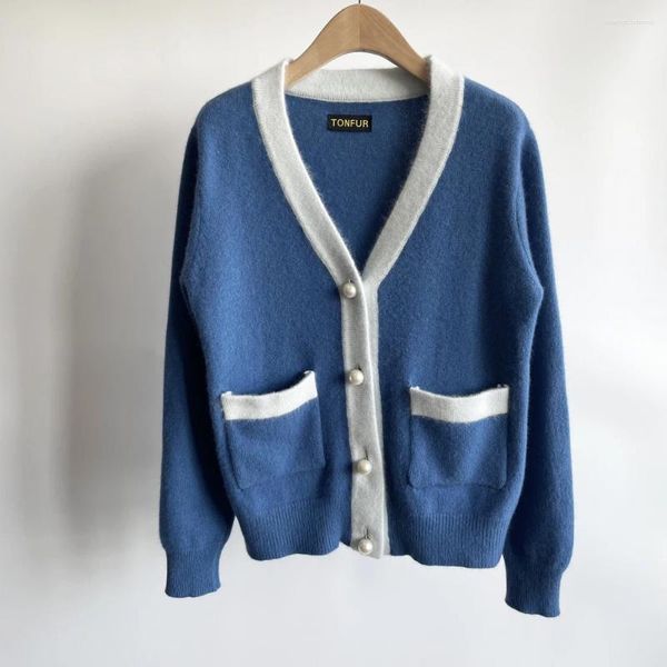 Cardigan en tricot pour femme, manteau d'automne, pull avec perles, haut en cachemire de raton laveur, bleu et blanc, à la mode, Dsr937