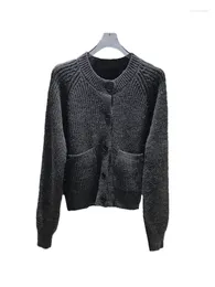 Veste Cardigan en tricot pour femme, col rond, Version courte et ample, couleur unie, Design à simple boutonnage, chaud et confortable, hiver 2024, 1209