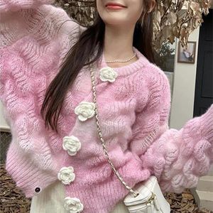 Cardigan tricoté à col rond pour Femme, Pull côtelé, bouton Floral 3D, Vintage, doux et Chic, vêtements d'automne