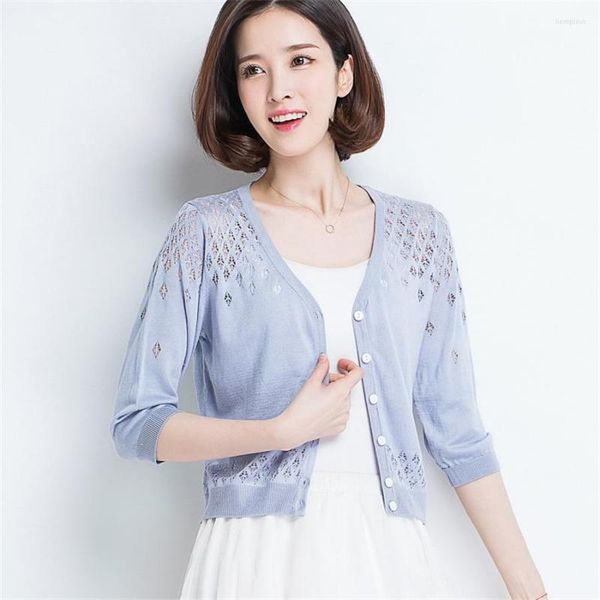 Cardigan en tricot pour femmes été manches trois-quarts Style coréen pull en tricot à col en v couleur unie haut de protection solaire