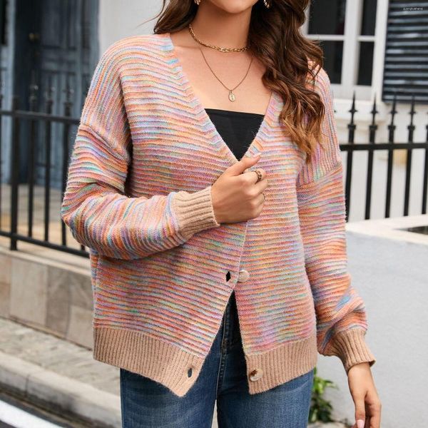 Femmes Tricots Cardigan Femmes Pull Décontracté Rétro Couleur Unie Poches Lâches Veste Simple Boutonnage Col En V Tricoté À La Main Femme Tops Outwear