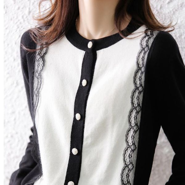 Cárdigan de punto para mujer, suéter de lana, prendas de punto de encaje para mujer, ropa elegante de primavera, Caridgans, Tops de lana de punto de manga larga para mujer, moda coreana