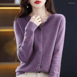 Cárdigan de lana de Cachemira para mujer, blusa de punto de manga larga ancha, suéter elástico suave y cálido con cuello redondo, abrigo femenino