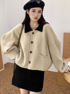 Damesbreien Casual gebreide vest vrouwen Koreaanse mode zoete preppy stijl bijgesneden trui vrouwelijke herfst lange mouw met één borsten