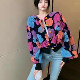 Femmes Tricots Casual O Bouffée À Manches Longues Cardigan Jacquard Automne Laine D'agneau 3D Fleur Chandail Veste Courte Pull Mode Tops Tricoté Vintage