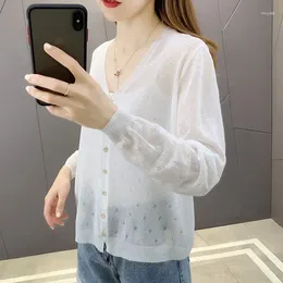 Damesbreien Casual Solid Color Thin Sheer Cardigan Women Summer V-Neck Lange Mouw Top Fashion Sweater Vrouw Vrouw Kleding L127