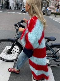 Damesgebreide casual streetwear lang vest jassen voor dames 2024 herfst winter gestreept patchwork luie stijl trui dik warm gebreid