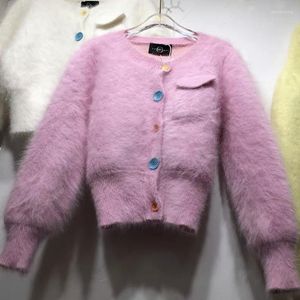 Damesbreien Casual synthetische nertsen Kasjmier Sweater Vrouwen jas Koreaanse stijl o-neck pocket kleurrijke knop opgebroken fuzzy vest gebreef
