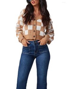 Gebreid damesshirt met dambordprint, cropped vest met lange mouwen en V-hals, button-down trui, gebreide tops