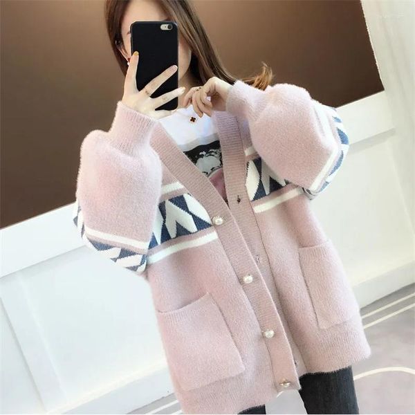 Femmes Tricots Chenille Imitation Vison Polaire Manteau Pull Fat MM Tricoté Cardigan Version Coréenne Lâche Et Paresseux Haut Bouton Veste Rose