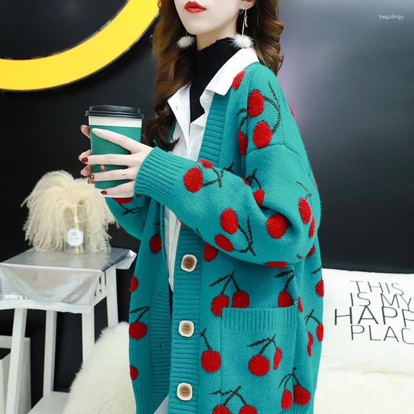 Tricots pour femmes Cerise Vert Hiver Automne Femmes Pulls Tie Dye Col V Long Lâche Coréen Jumpers Bonbons Surdimensionné Veste Femme Tops Pardessus
