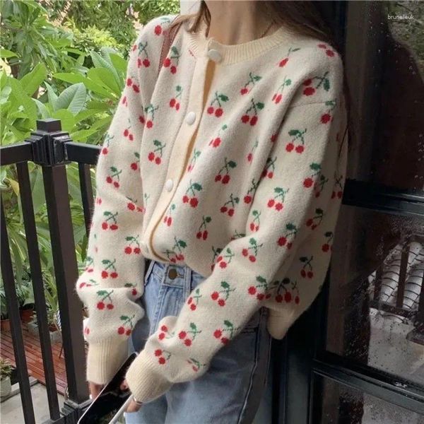 Femmes tricots cerise Jacquard Cardigan femmes mode coréenne à manches longues Vintage pull Femme arrivée décontracté rétro tricoté hauts Femme