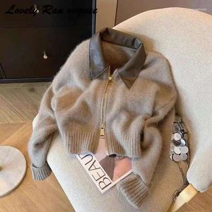 Tricots pour femmes Chic tricoté Cardigan femmes PU col rabattu à manches longues femme pull ample 2024 automne coréen double fermeture éclair dame haut