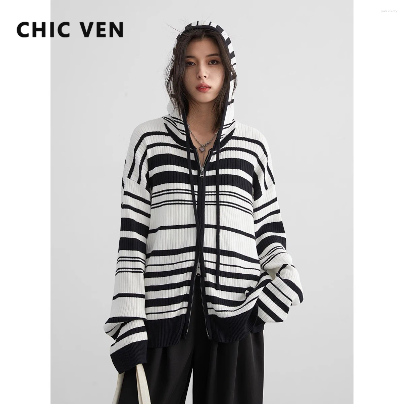 Women's Knits CHIC VEN Women Cardigan Loose Casual Striped Drawstring Hooded Knit Sweaters Long Sleeved Female Jumpers Spring Summer 2024