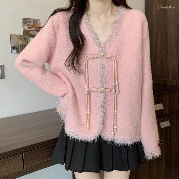 Puntos de mujer Estilo chino Botón Blanco Rosa Punto Cardigan Suéter Borla Dobladillo Mujeres Otoño Invierno Suelto V-cuello Hada Abrigo Prendas de punto