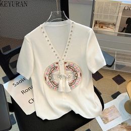 Tricots de tricots de style chinois pour femmes Vêtements de broderie rétro diamants en V-col