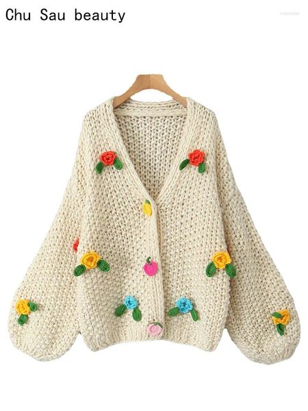 Tricots pour femmes Chu Sau Beauty 2023 Femmes Automne Mode Doux Crochet Crochet Floral Tricoté Cardigan Mignon À Manches Longues Pulls Lâches