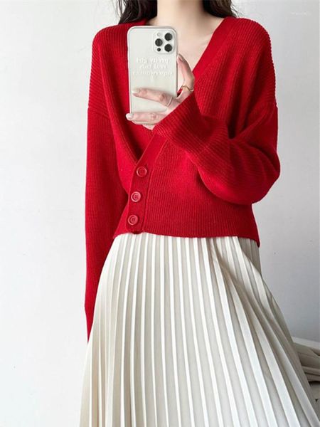Tricots pour femmes Prix de liquidation Femmes Taille Slim Pull en tricot Cardigan Rouge Dames à manches longues Col en V Simple Mode Tricots Tops