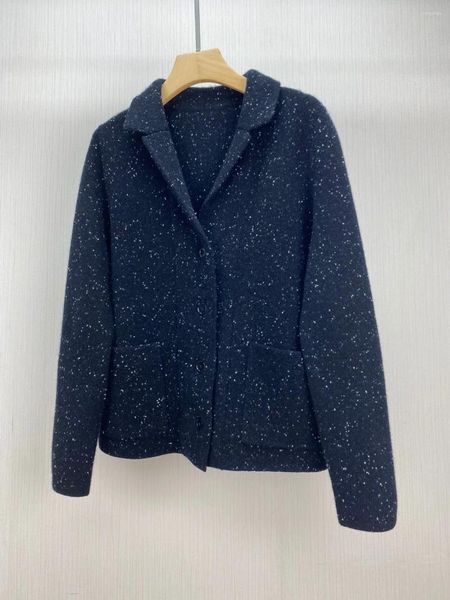 Ropa de punto para mujer, chaqueta de punto de Cachemira con dos bolsillos, elegante y versátil, con lentejuelas, cuello, otoño e invierno