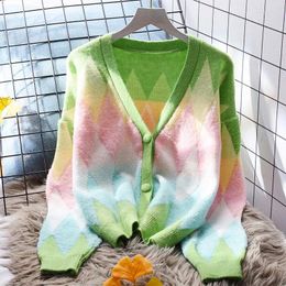 Damesgebreide kleurblokkerende geruite trui voor dames Ruimvallende herfst en winter Modieus V-hals Zacht Kleverig Zoet Gebreid Vest