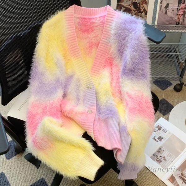 Cardigan tricoté coloré pour femme, ample, semblable à du vison, tricoté, col en v, manteau à manches longues, automne et hiver, 2023