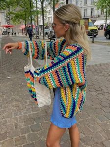 Tricots pour femmes Coloré Crochet Rayé Tricot Cardigans Femmes Pull 2024 Automne Vintage Lâche À Manches Longues Femme Cardigan Casual Y2K