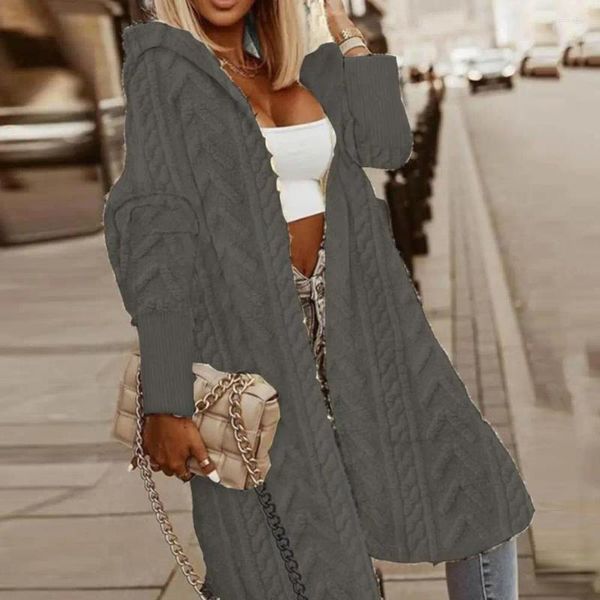 Cardigan en tricot confortable pour femme, manteau élégant, longueur aux genoux, couleur unie, capuche, manches longues, Texture tricotée