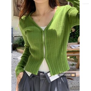 Tricots pour femmes Cardigan court Femmes Col V Bouton couvert Solide Stretch Mince Printemps Manches longues Tops tricotés Casual Lady Pull 2024 Y2K