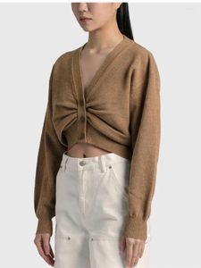 Cardigan en tricot plissé en V profond pour femme, manches longues, simple boutonnage, décontracté, couleur unie, haut pull