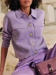 Cárdigan de punto con dos bolsillos y cuello vuelto para mujer, abrigo tipo suéter de Color liso con una hilera de botones, Invierno 2023