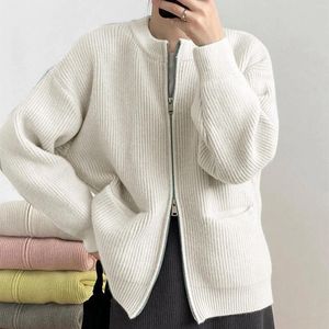 Cardigan tricoté à double fermeture éclair pour femme, élégant, décontracté, tricot, grande taille, veste polaire, col rond, manteaux