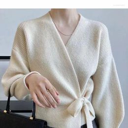 Damesbreien Early Autumn Bow Tie V-Neck Gebreide Korte High Taille Cardigan Sweater Coat Overlay Design Sense Top