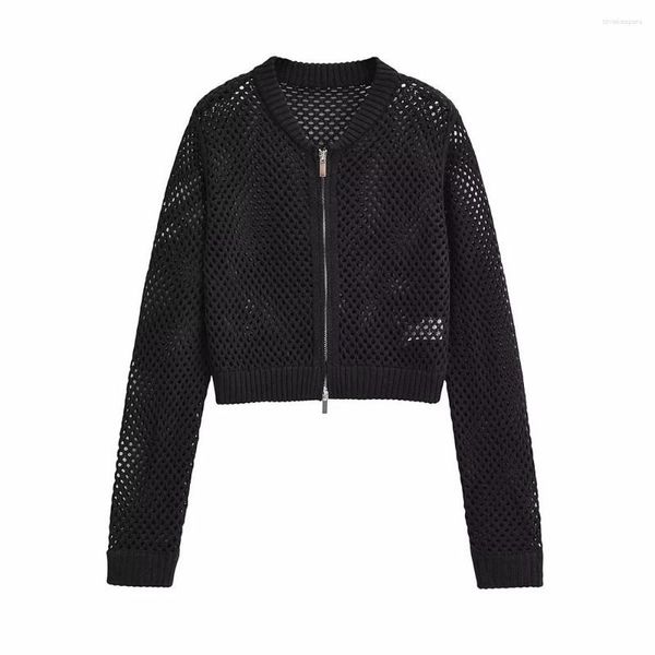 Femmes tricots début automne mode rétro rue tendance tout match col rond à manches longues creux tricoté court Bomber veste