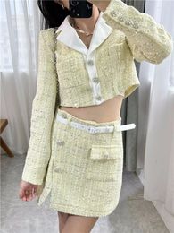 Damesbrei's vroege herfst vrouwen melk gele kleur contrast licht en dunne tweed short jas / rok van dezelfde stijl