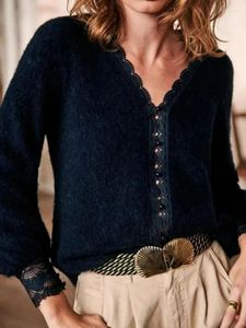 Cardigan tricoté en dentelle Mohair pour femme, tricot, boutons, col en v, Style début du printemps