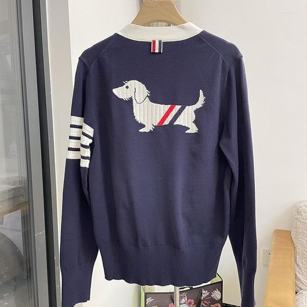 Tricots pour femmes Angleterre Style Chien Tricot Mode Femmes Pull Cardigan Manches Complètes Poches Lâche Casual Lady Streetwear Tops Pulls Manteau