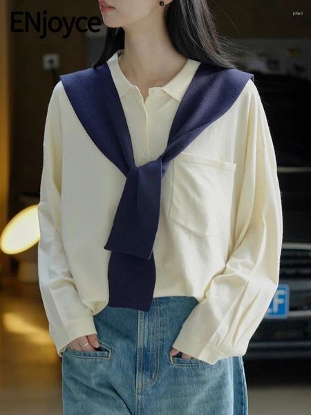 Tricots pour femmes Profitez 2024 Automne Femmes Vintage Polo Collit Shirt Style Trickitwear Cardigan avec châle Ladies coréen Pull Knit Tee Tops