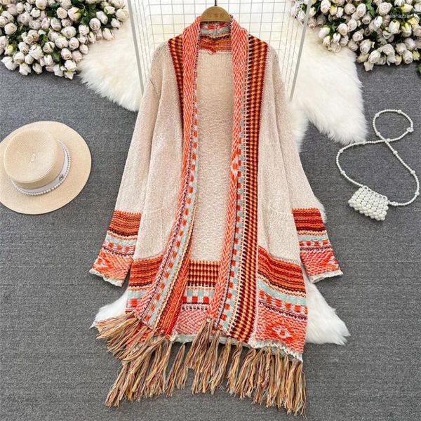 Tejidos de mujer estilo étnico étnico vintage larga cárdigan manga manga sweater casual abrigo otoño invierno bohemio outwear