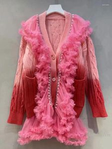 Tricots pour femmes Mode européenne 2023 Automne et hiver Perlé Lâche Feuille de Lotus Maille Patchwork Tricot Cardigan Pull Manteau pour Femmes