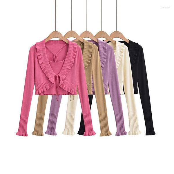 Femmes tricots automne tricots Kawaii Cardigans pour femme à manches longues haut tricoté chandails femmes 2023 recadrée avec Cami rose