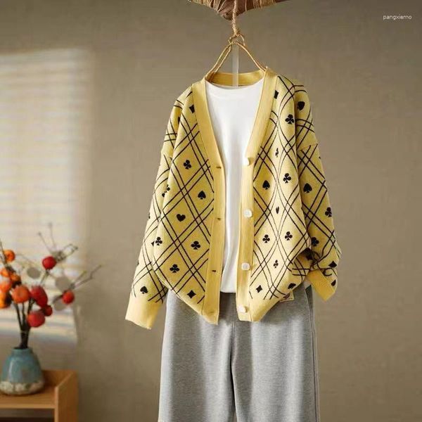 Cardigan d'automne à motif de Poker à carreaux pour femmes, tricot avec manteau de pull à poche