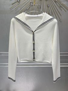 Damesbreien Fashion Cotton Blends White Crop Cardigan for Women Hoge kwaliteit Borduurwerk Sailor Collar Carrar Coctigans lange mouw slanke top dame